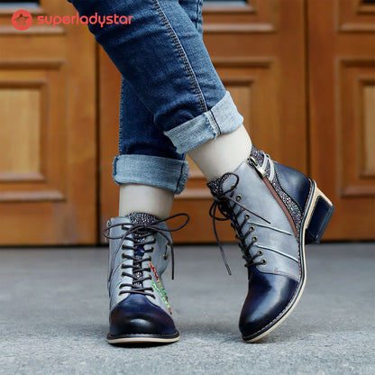 Retro Leather Patchwork Casual Comfort Ankle Boots