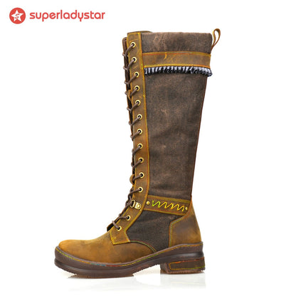 Retro handgefertigte Mocha flache hohe Stiefel