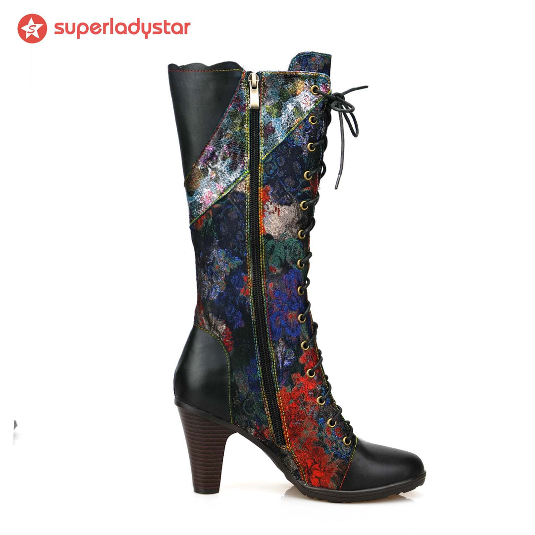 Warm Embossed Real Leather Floral Boots