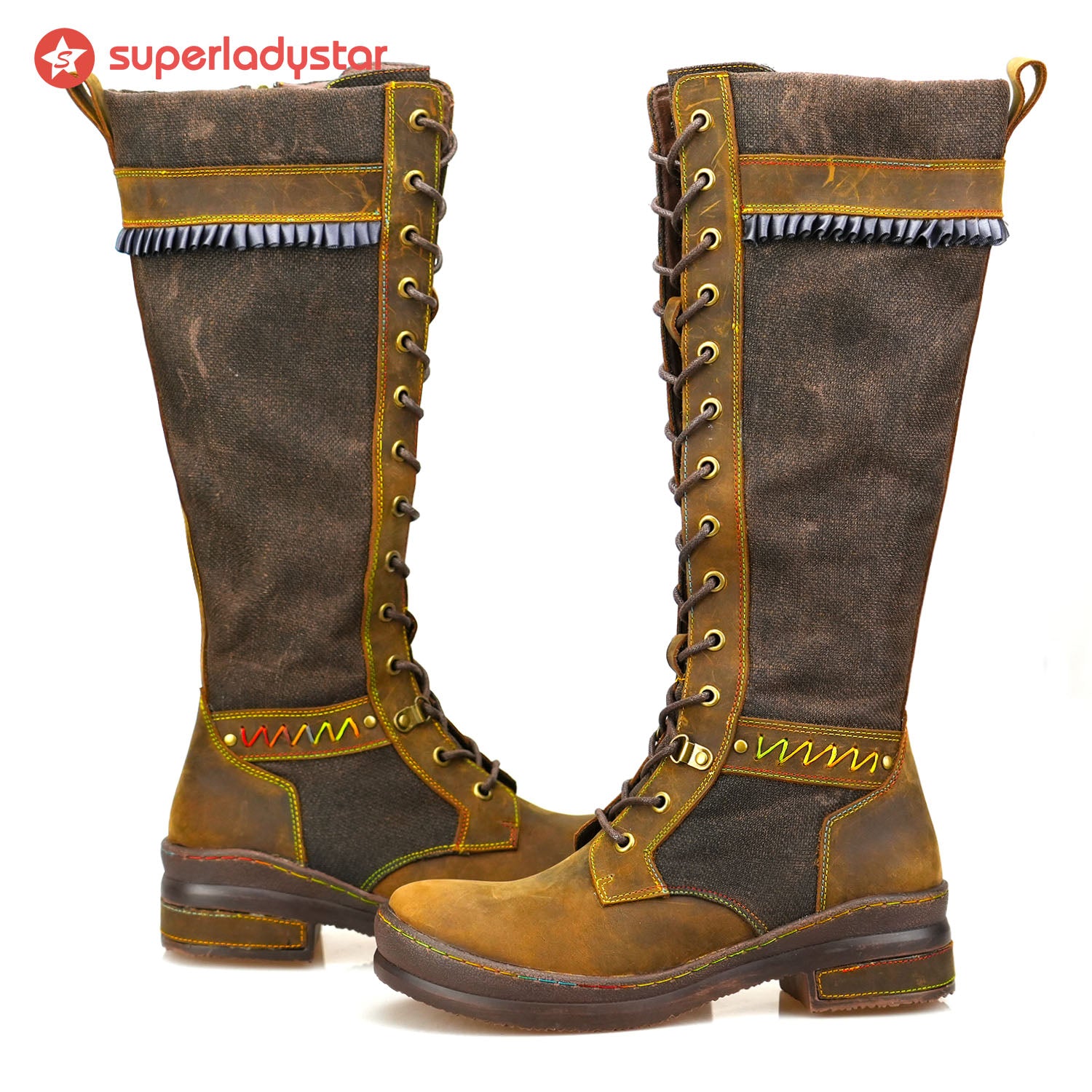 Retro handgefertigte Mocha flache hohe Stiefel