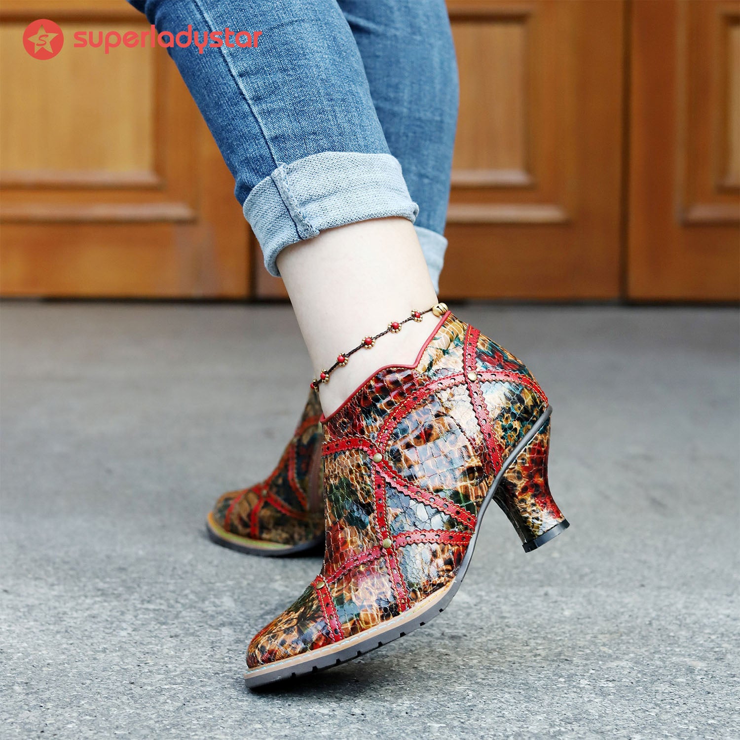 Colorful Handmade Low Heel Booties