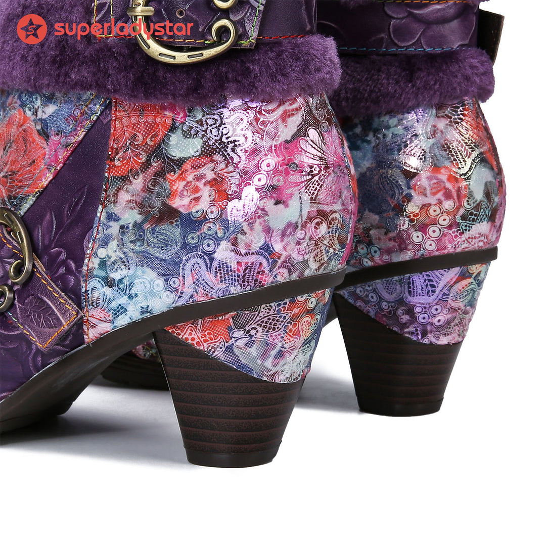 Retro Handmade Blossom Furry Ankle Boots