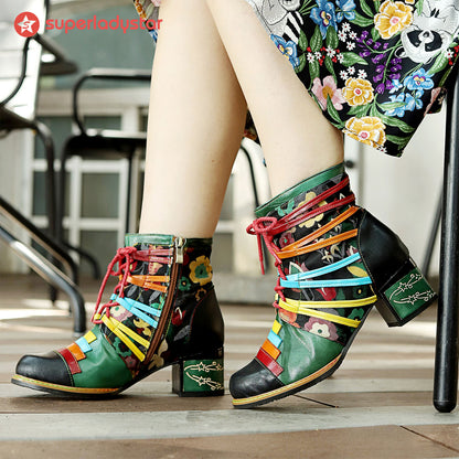 Bottes de cheville de patchwork colorée artisanale vintage