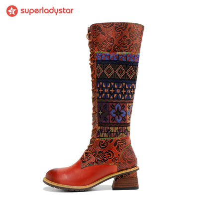 Vintage Bohemian Leather Splicing Pattern Boots