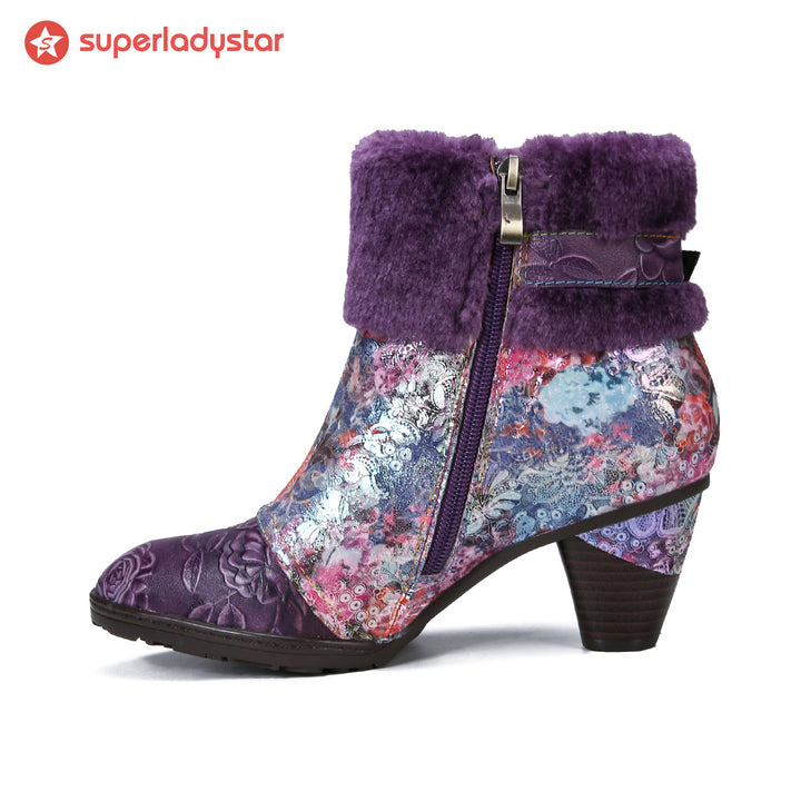 Retro Handmade Blossom Furry Ankle Boots