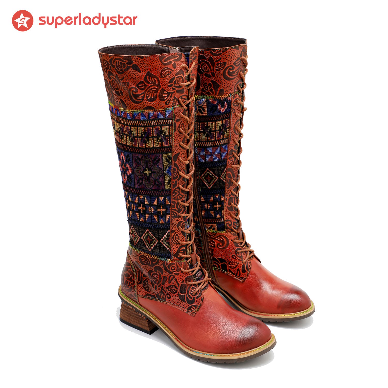 Vintage Bohemian Leather Splicing Pattern Boots