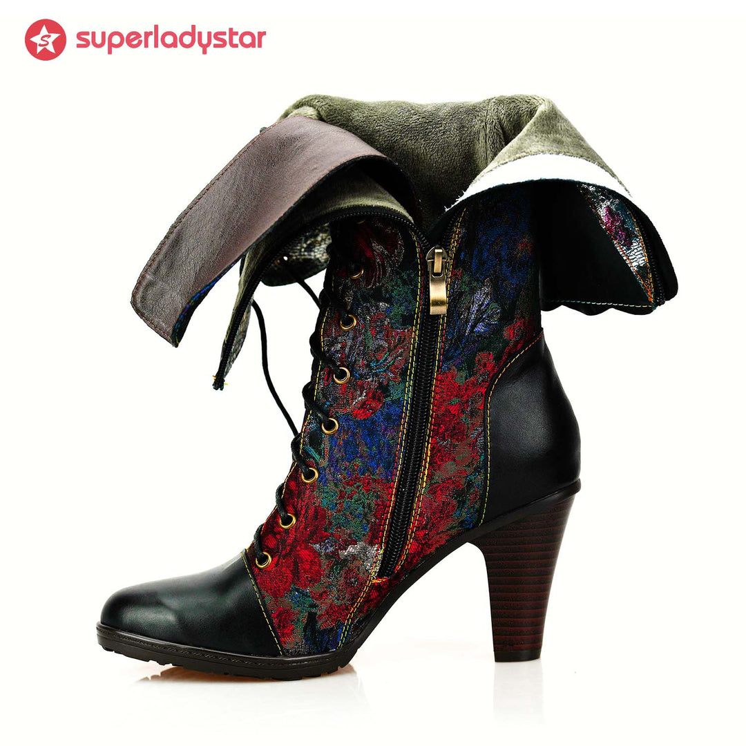 Warm Embossed Real Leather Floral Boots