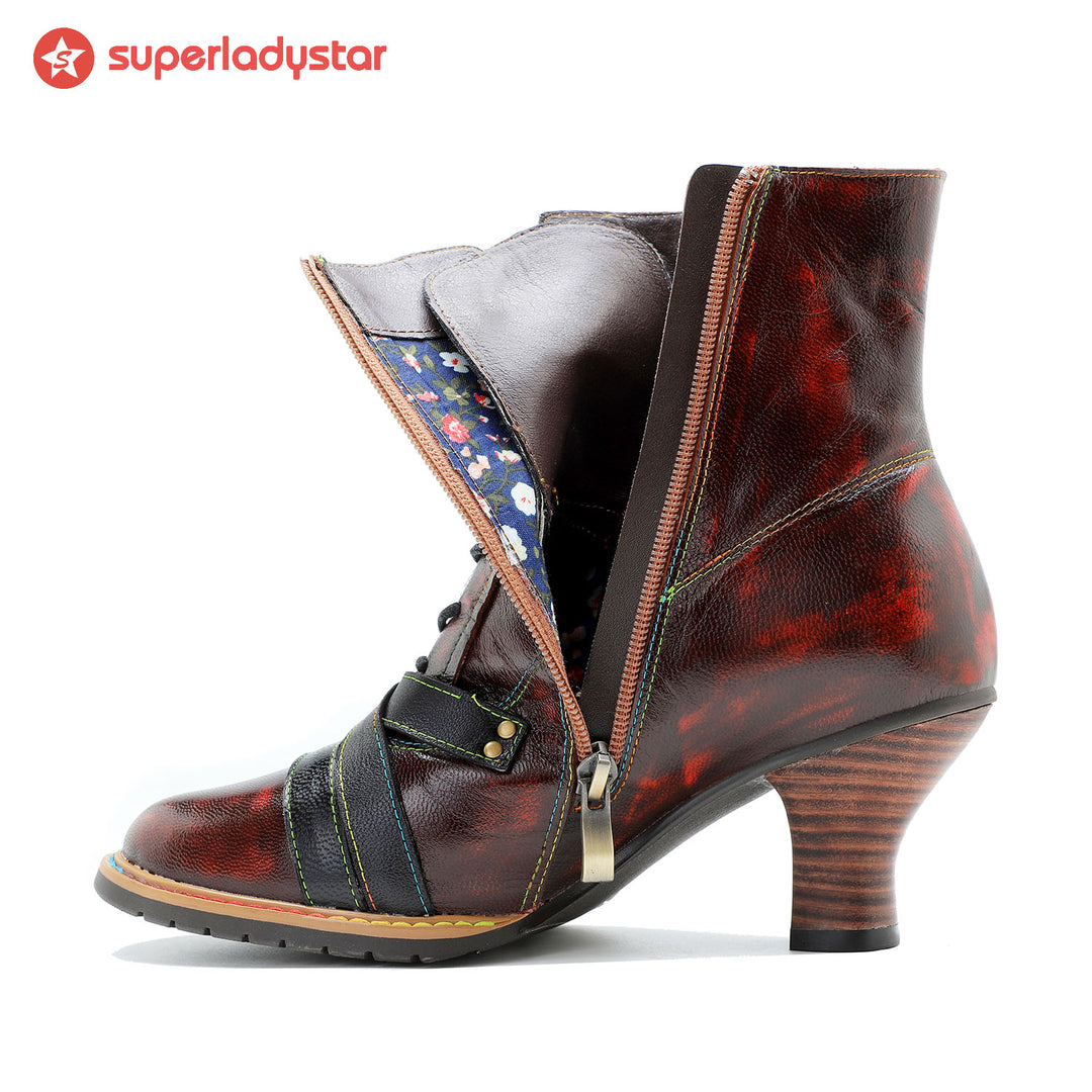 Handcrafted Vintage Mixed Leather High Heel Ankle Boots