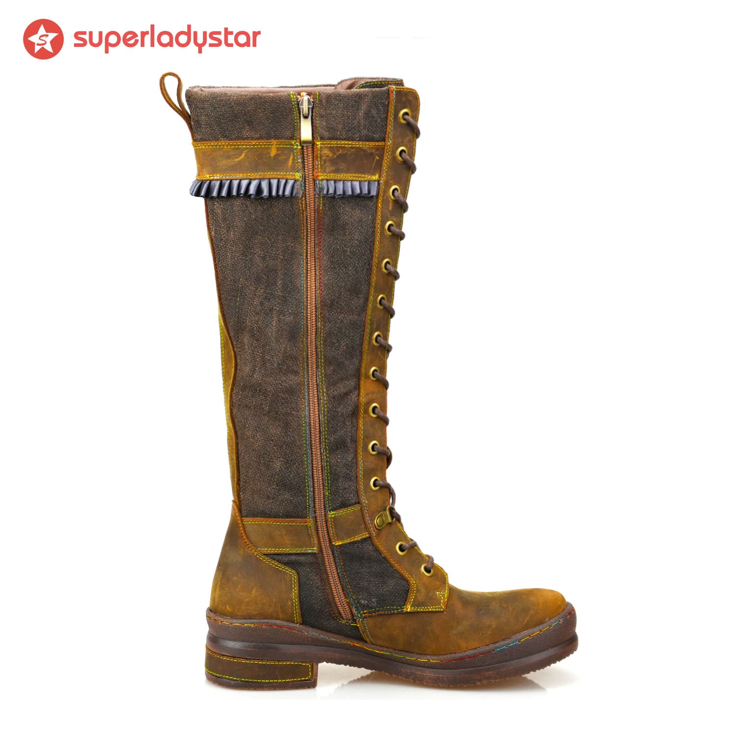 Retro handgefertigte Mocha flache hohe Stiefel