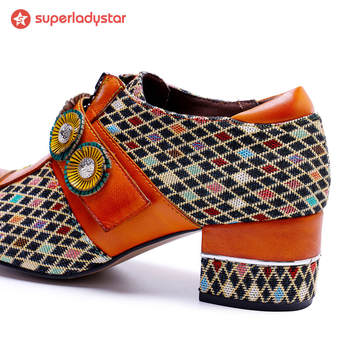 Vintage Handmade Colorful Diamond Grid Pumps