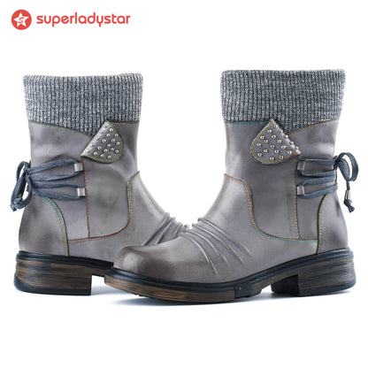 Cozy Knit Lace-Up Winter Boots with Side Zipper