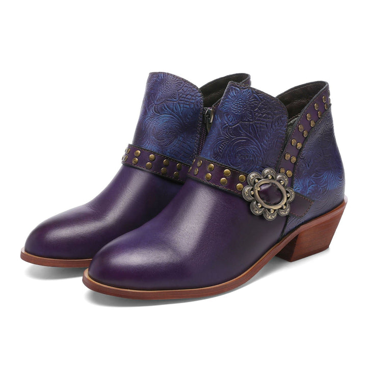 Vintage Handmade Pure Color Buckle Ankle Boots