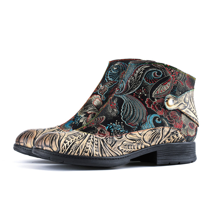 Genuine Leather Embroidered Comfy Flat Ankle Boots