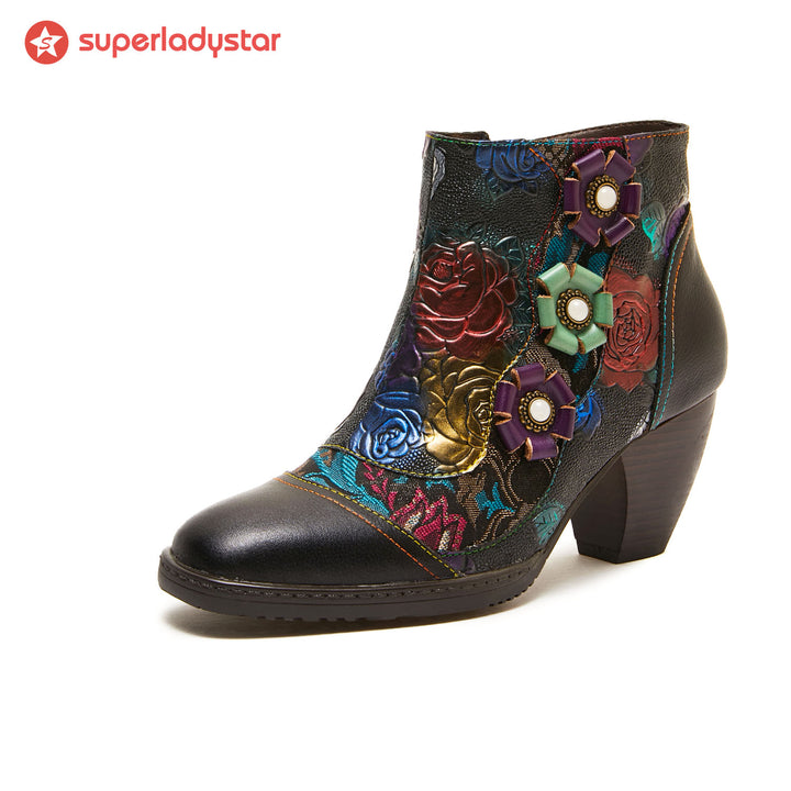 Hand-printed Colorful Floral Leather Ankle Boots