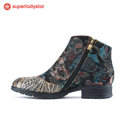 Genuine Leather Embroidered Comfy Flat Ankle Boots