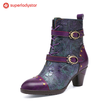 Retro Painted Genuine Leather Ankle Boots