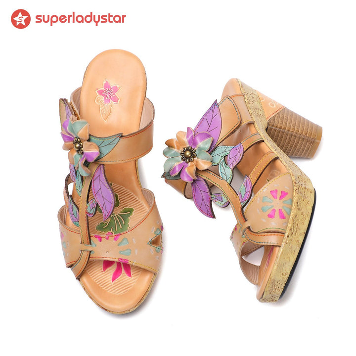 Vintage Genuine Leather Floral Peep-toe Slippers