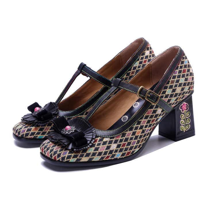 Vintage Handmade Colorful Diamond Grid Cute Pumps