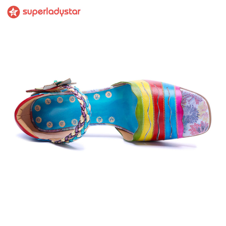 Handmade Genuine Leather Colorful Striped Cute Sandals