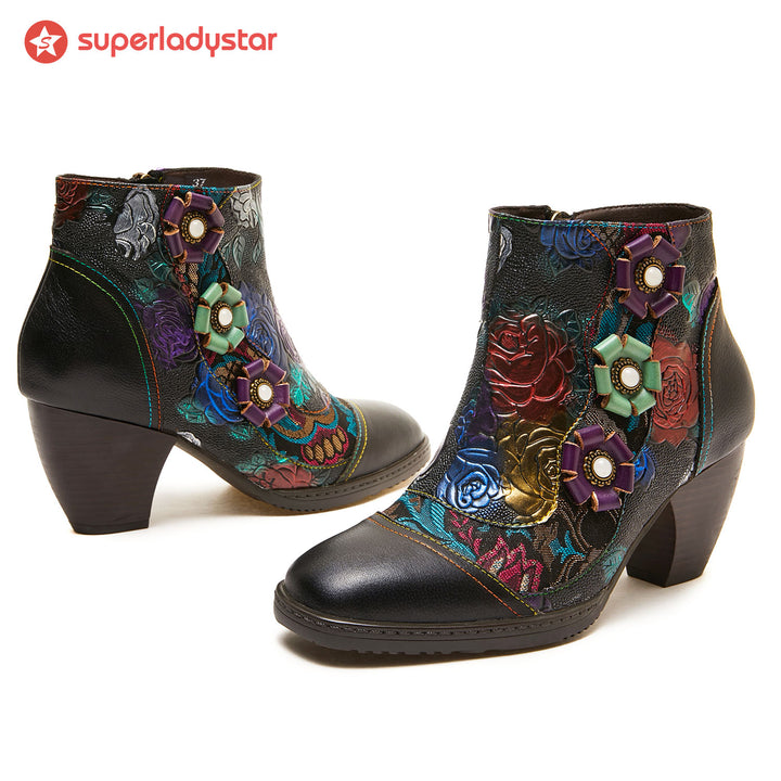 Hand-printed Colorful Floral Leather Ankle Boots