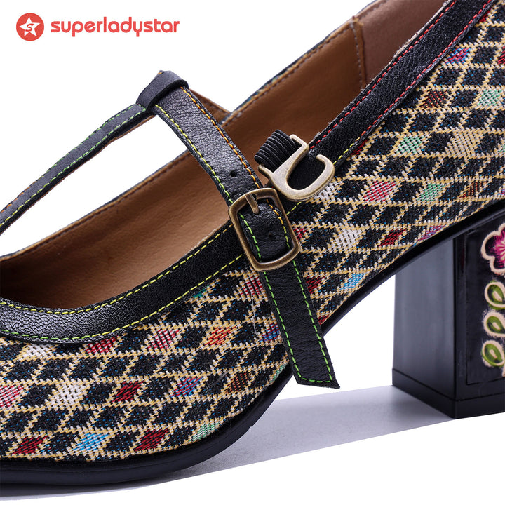 Vintage Handmade Colorful Diamond Grid Cute Pumps