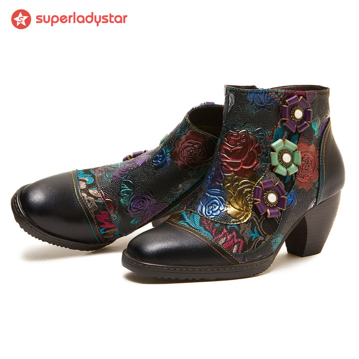 Hand-printed Colorful Floral Leather Ankle Boots