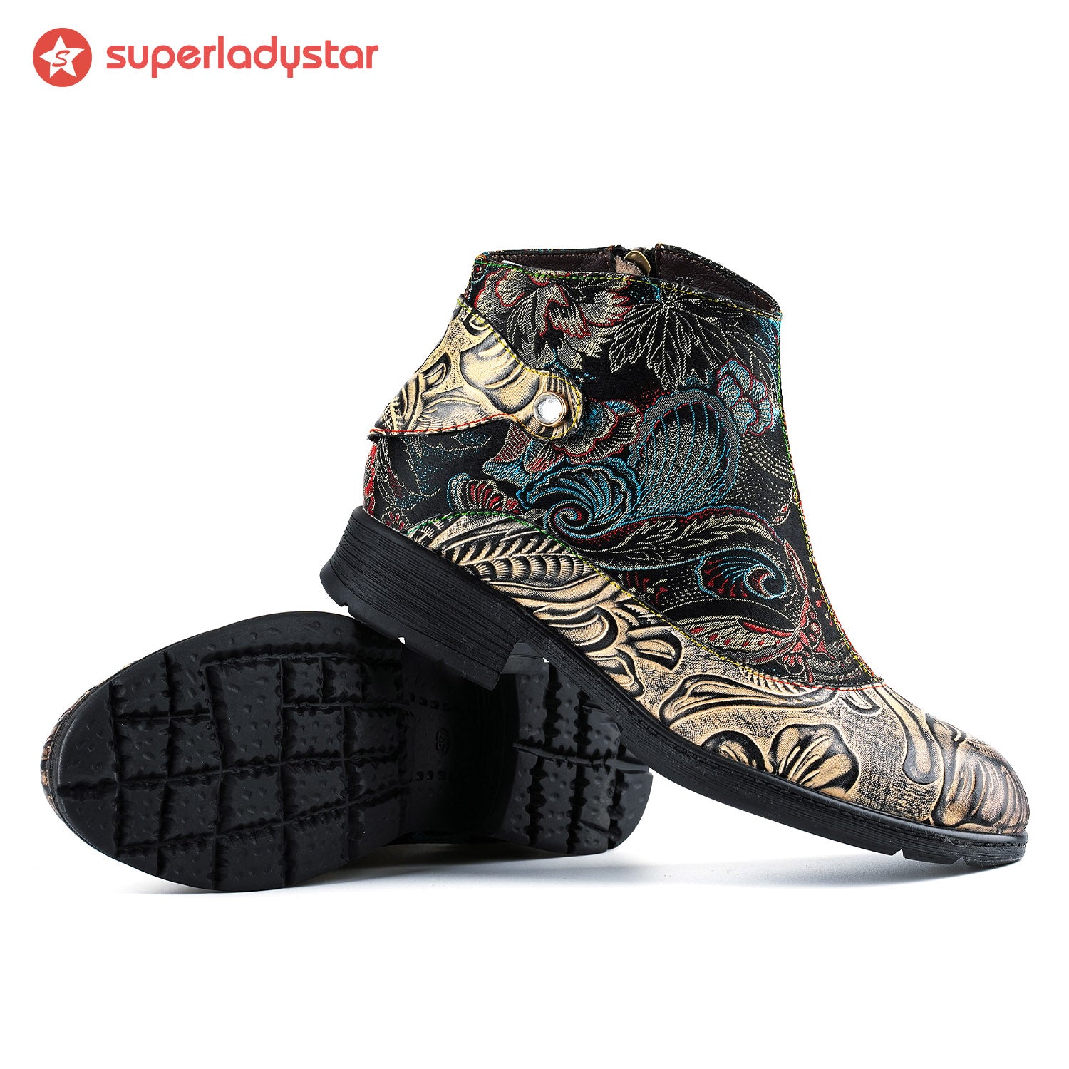 Genuine Leather Embroidered Comfy Flat Ankle Boots