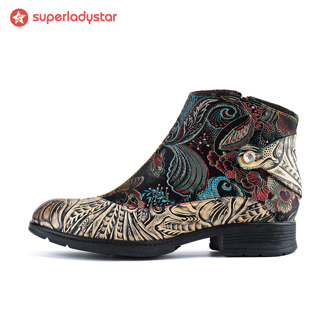 Genuine Leather Embroidered Comfy Flat Ankle Boots