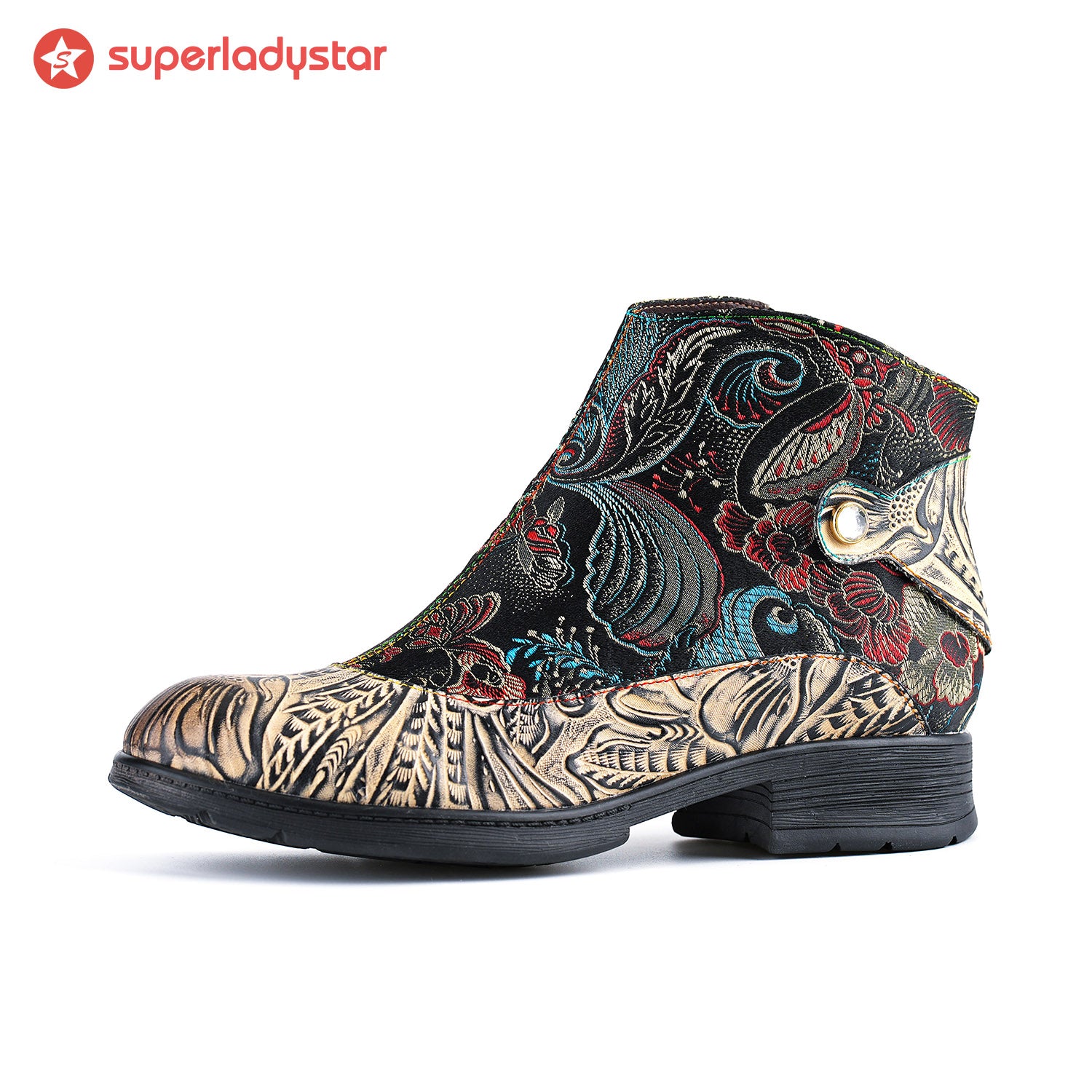 Genuine Leather Embroidered Comfy Flat Ankle Boots