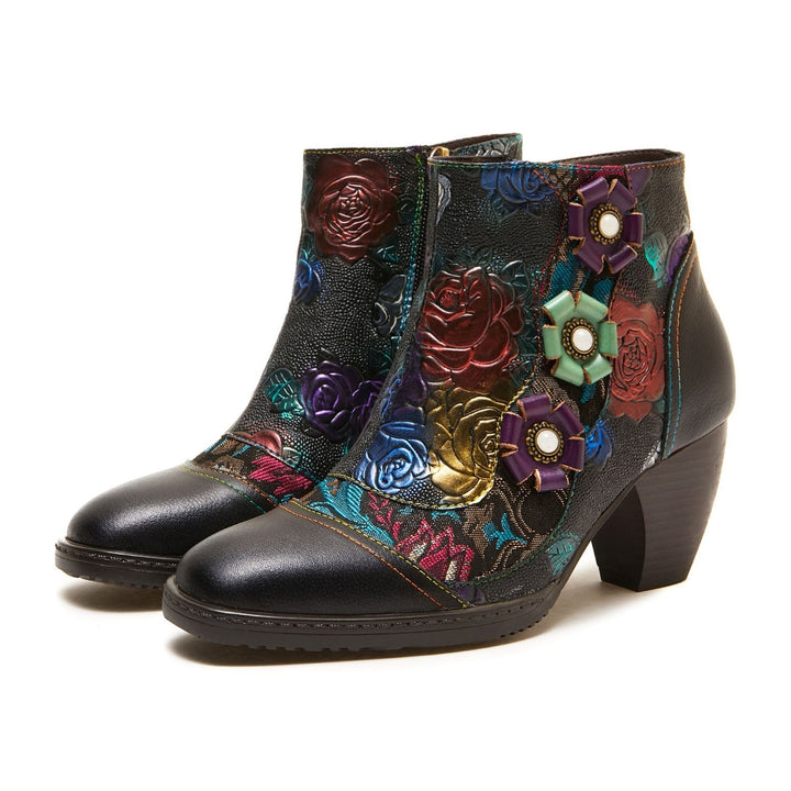 Hand-printed Colorful Floral Leather Ankle Boots