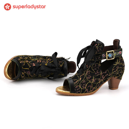 Hand-Painted Leather Stitched Cute Sandals