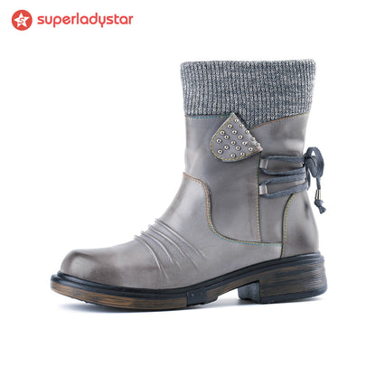 Cozy Knit Lace-Up Winter Boots with Side Zipper