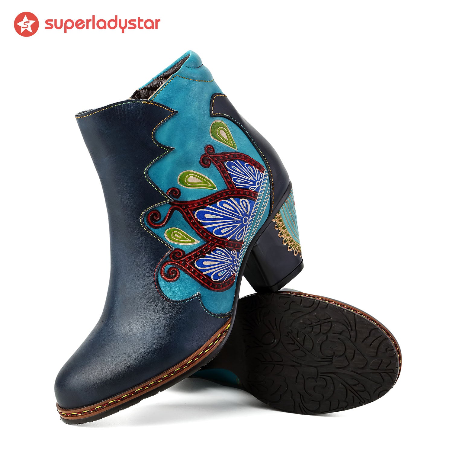 Retro Pattern Leather Zipper Ankle Boots