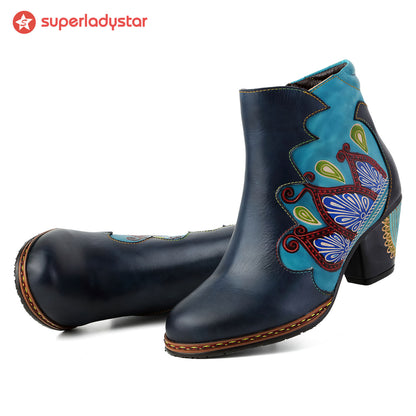 Retro Pattern Leather Zipper Ankle Boots