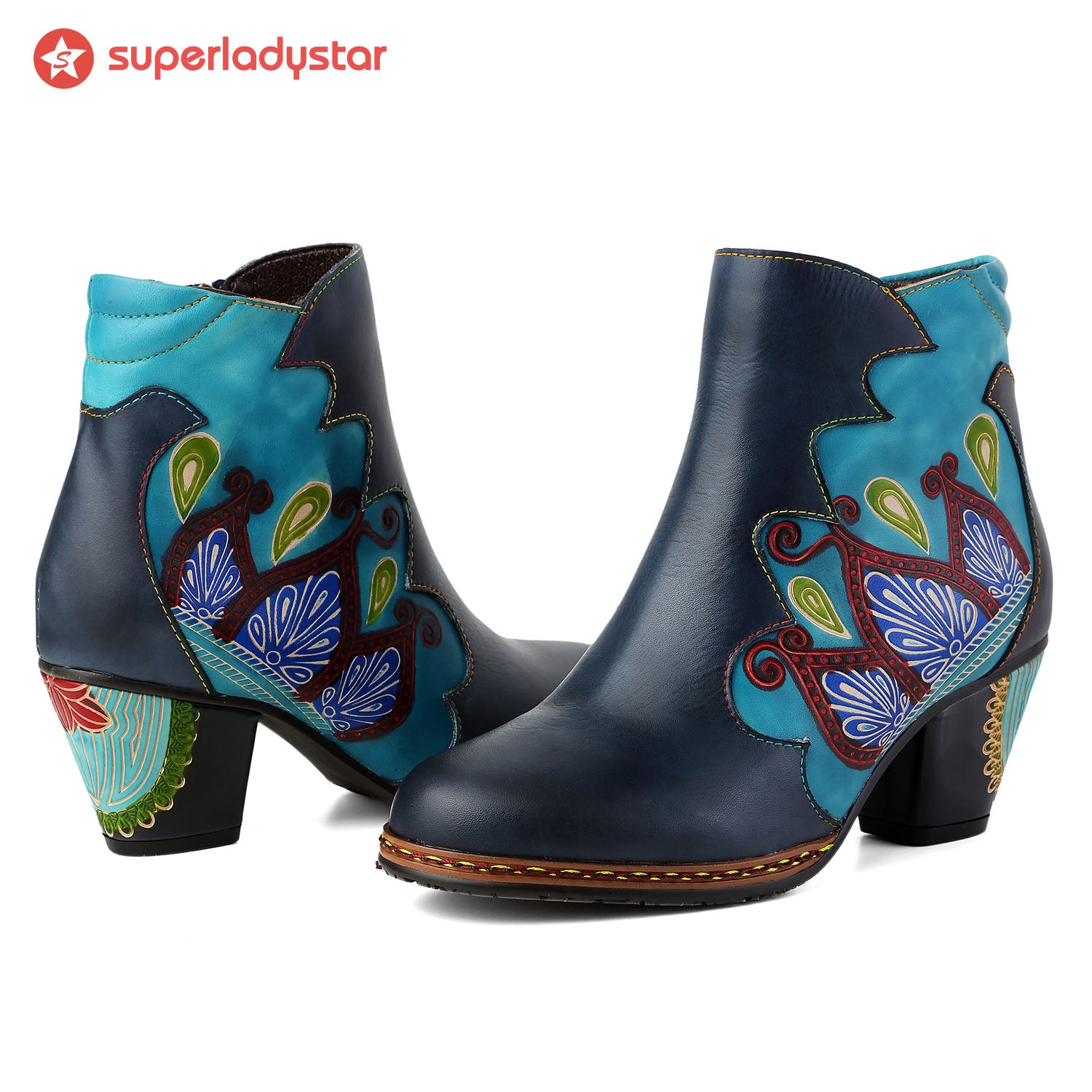 Retro Pattern Leather Zipper Ankle Boots