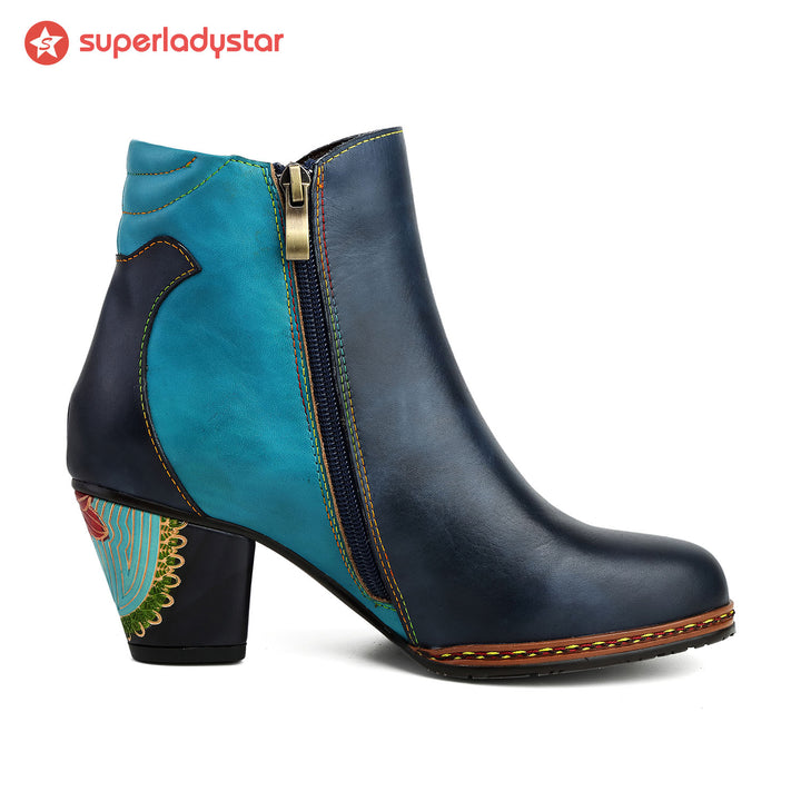 Retro Pattern Leather Zipper Ankle Boots