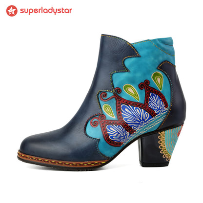 Retro Pattern Leather Zipper Ankle Boots