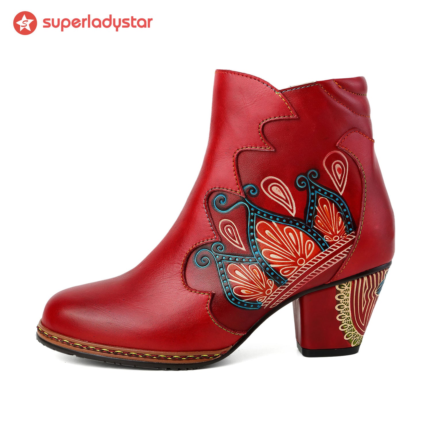 Retro Pattern Leather Zipper Ankle Boots