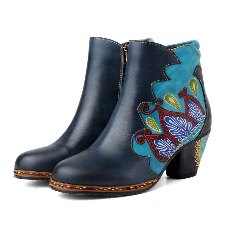 Retro Pattern Leather Zipper Ankle Boots