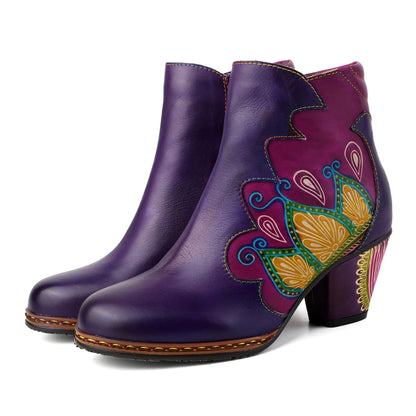 Retro Pattern Leather Zipper Ankle Boots