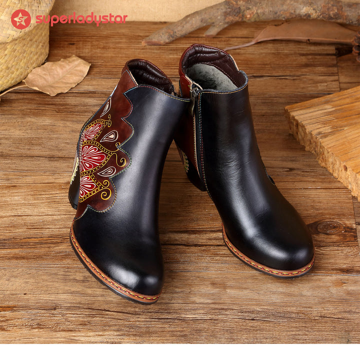 Retro Pattern Leather Zipper Ankle Boots