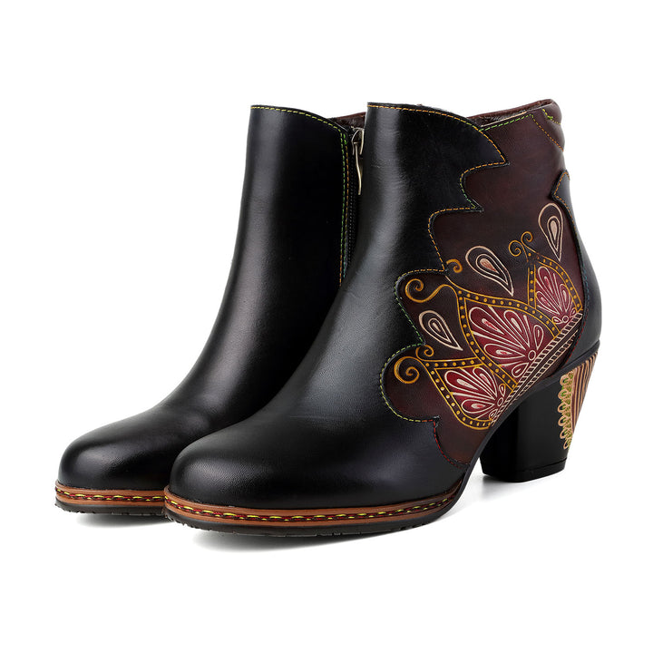 Retro Pattern Leather Zipper Ankle Boots