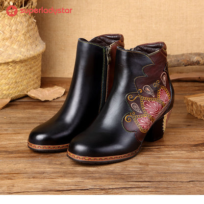 Retro Pattern Leather Zipper Ankle Boots