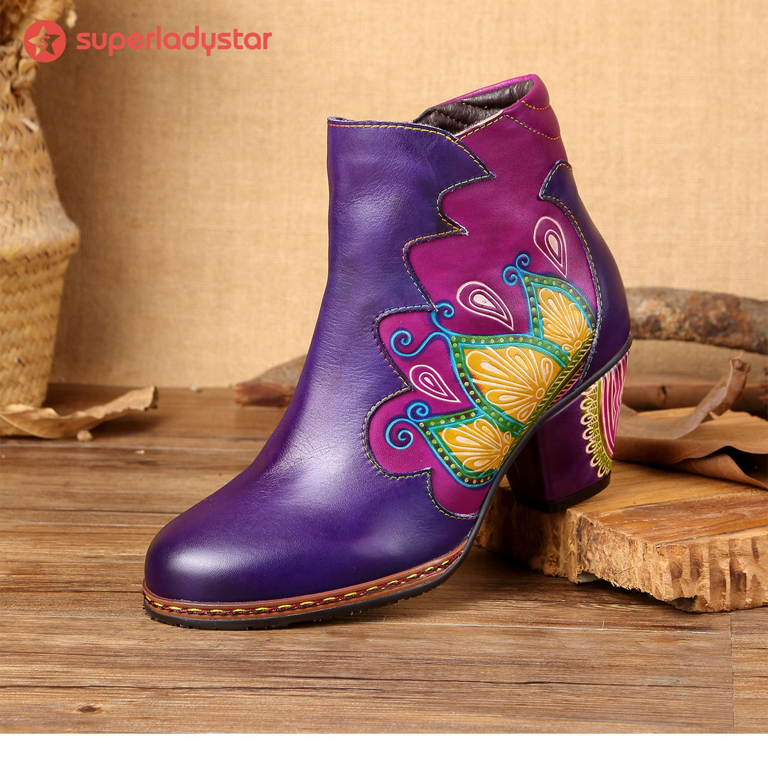 Retro Pattern Leather Zipper Ankle Boots