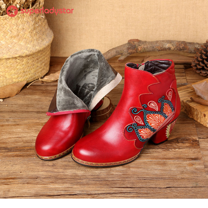 Retro Pattern Leather Zipper Ankle Boots