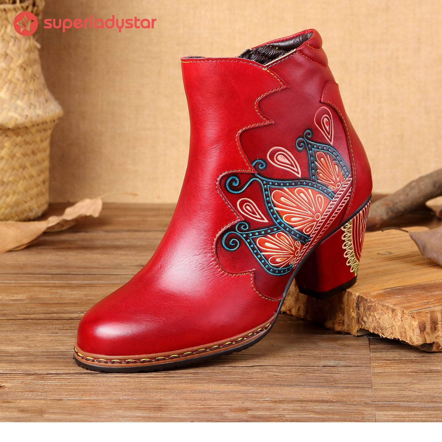 Retro Pattern Leather Zipper Ankle Boots