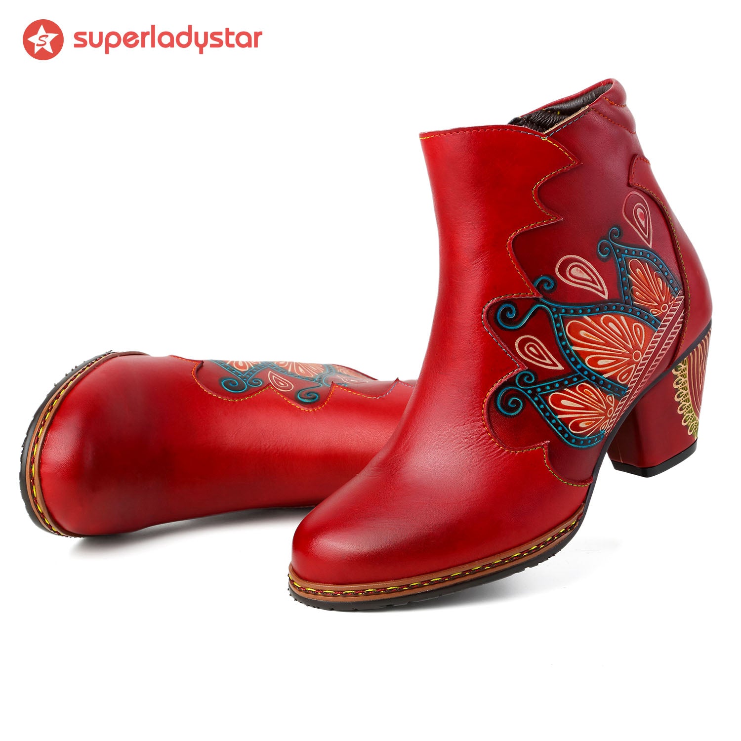 Retro Pattern Leather Zipper Ankle Boots