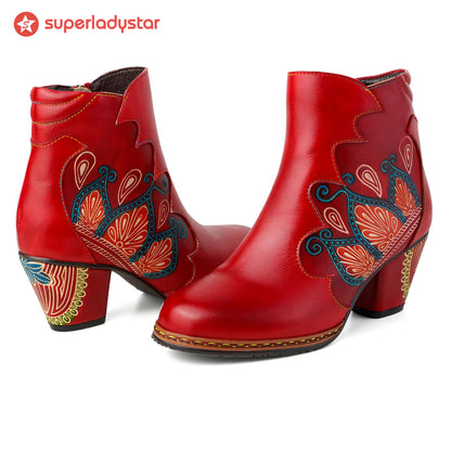 Retro Pattern Leather Zipper Ankle Boots