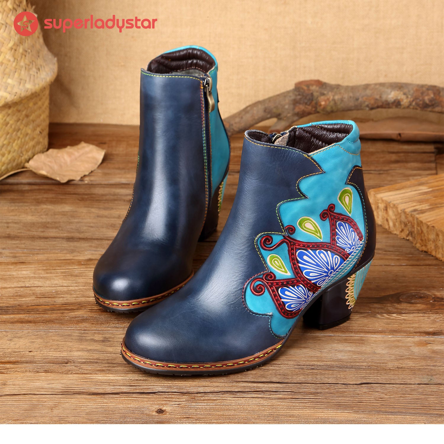 Retro Pattern Leather Zipper Ankle Boots