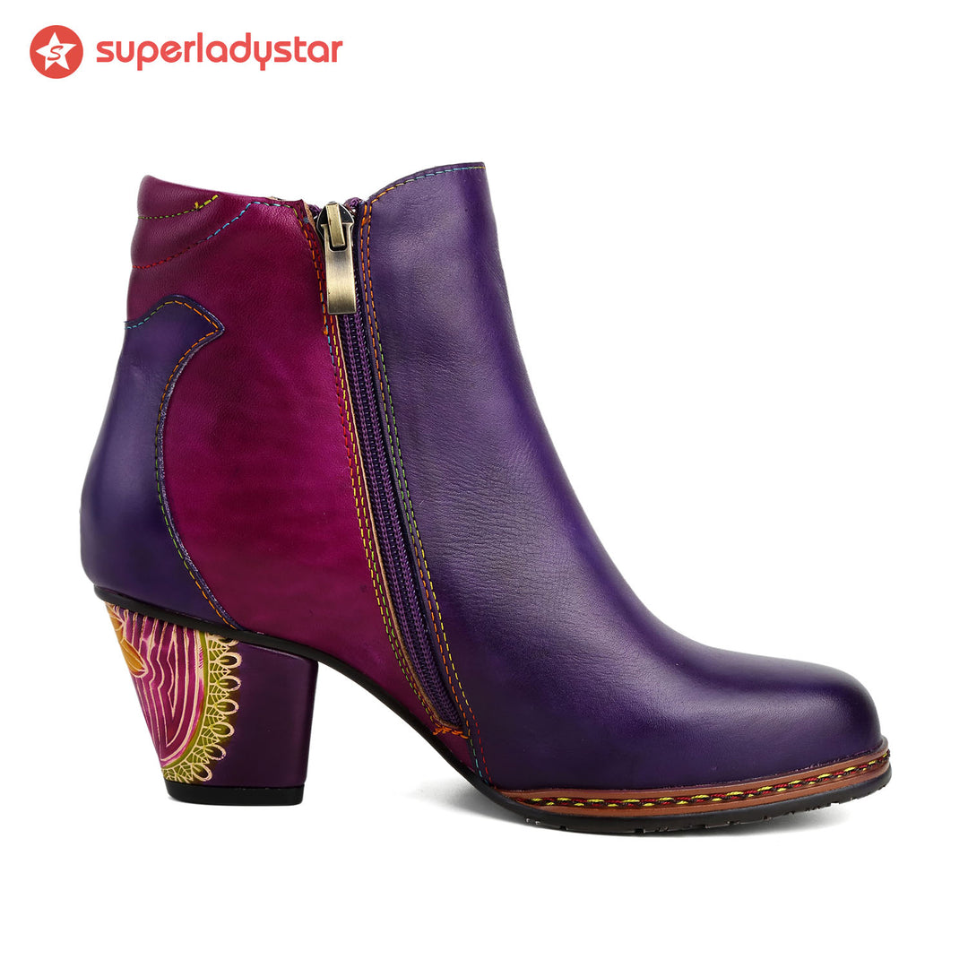 Retro Pattern Leather Zipper Ankle Boots